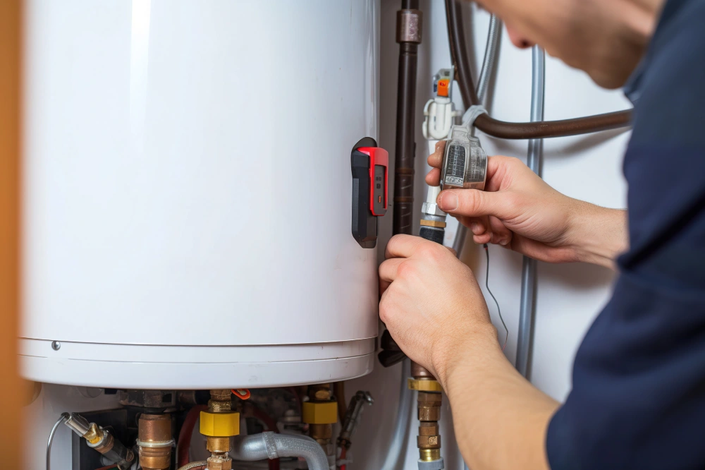 Hydraulic mechanic installer repairs an electric water heater
