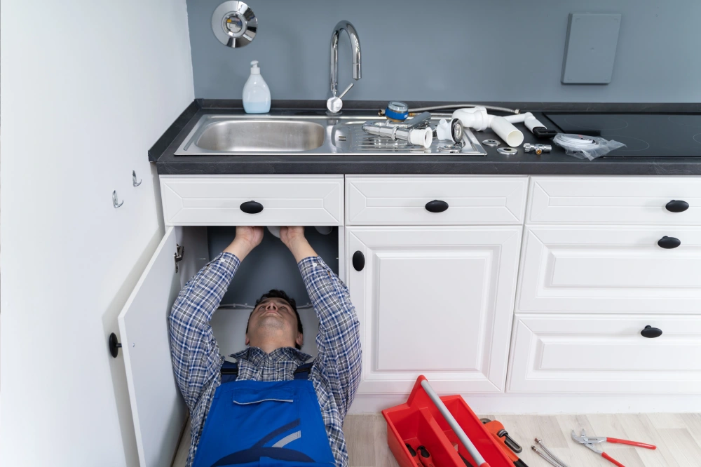 Male Plumber In Overall Fixing Kitchen Sink Pipe